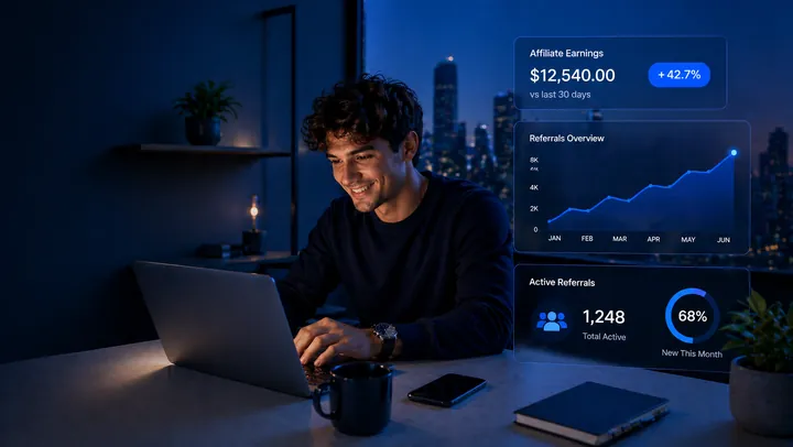 A man at a laptop with an affiliate earnings dashboard