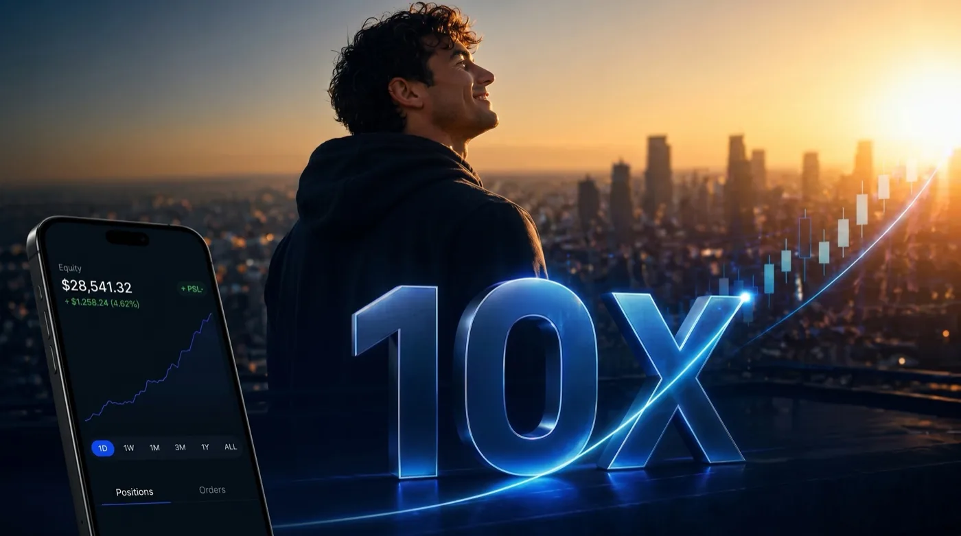 A man looking at the sunrise beside a 10X graphic